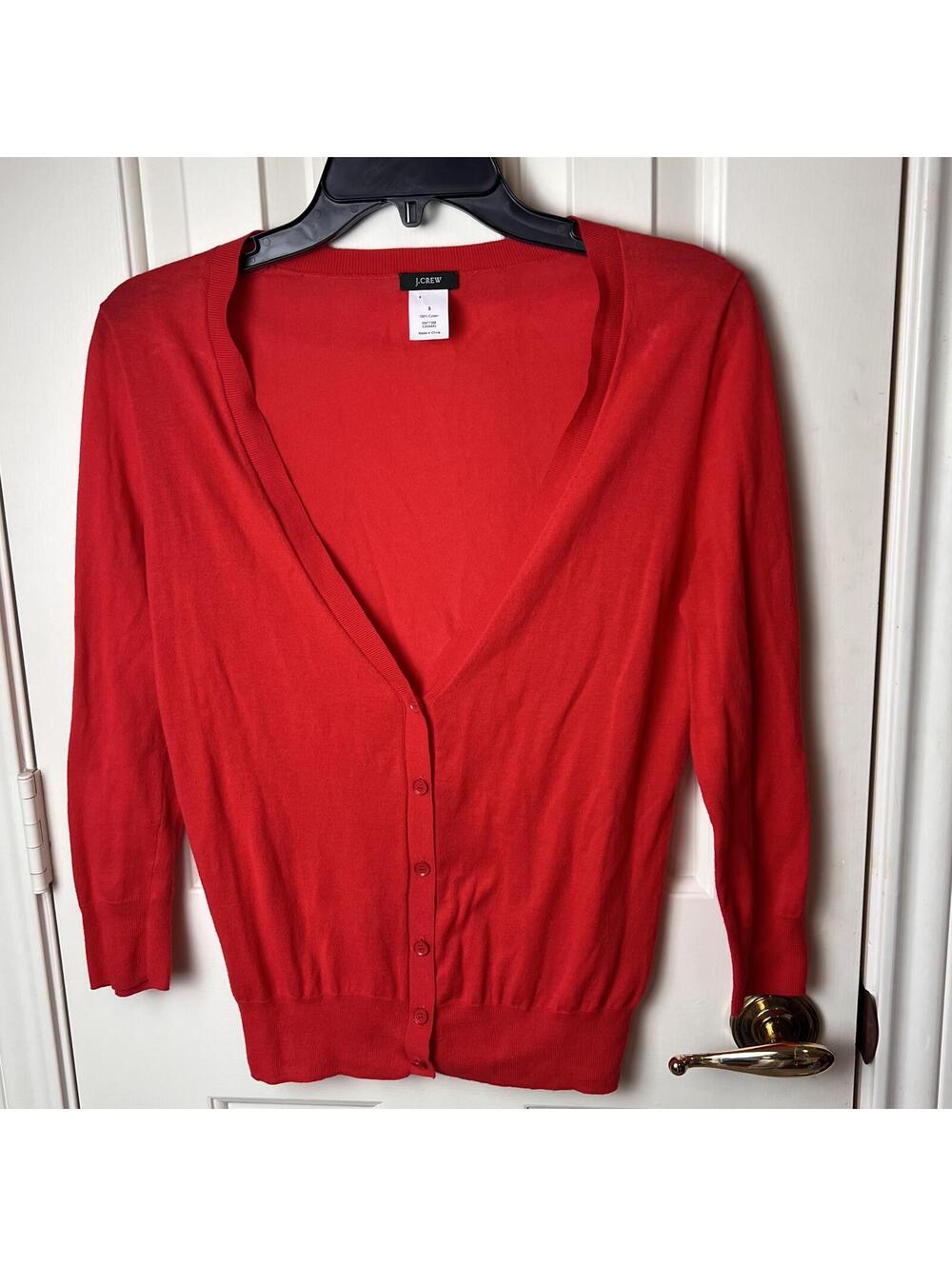 J. Crew Size S Red 100% Cotton V-Neck Long Sleeve Button Cardigan Women 73265